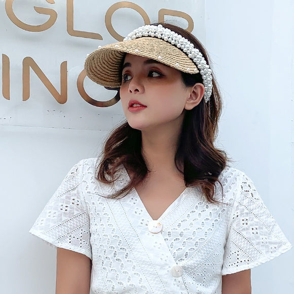 2021 Ins Pearl Panama Women's Summer Hats Visors Raffia Straw Hat for –  Sunwork100