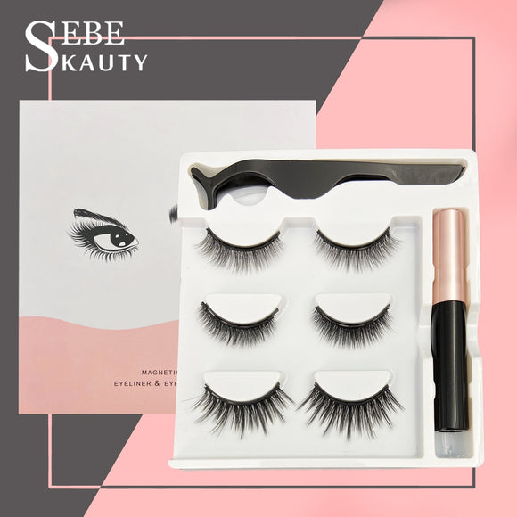 3 Pairs Magnetic False Eyelash Couple with Eyeliner & Tweezer Strip Dramatic Natural Long Thick Artificial Fake Lash Makeup Set