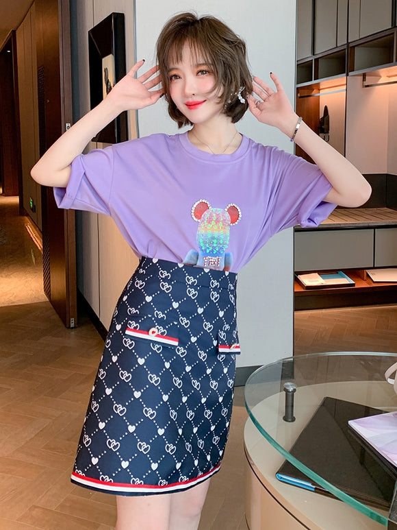 Cartoon Bear pattern with nail diamond sequins, loose versatile T Women's T-shirt 2021 Spring new